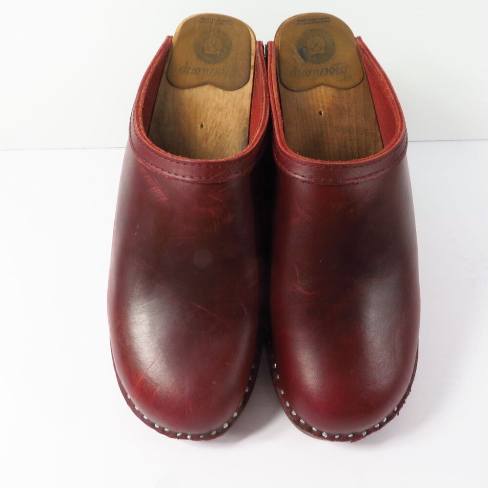 Troentorp Kahlo Wooden Clogs Women’s Size EU 39 US 8.5 Bordeaux Pull Up Leather - Picture 4 of 14